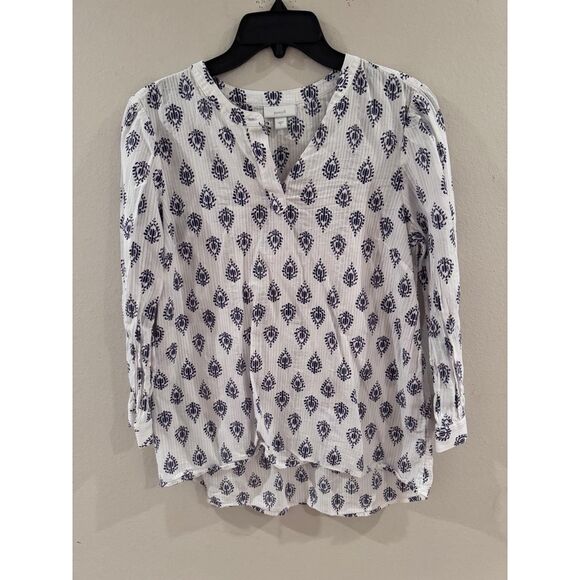 J.Jill Pure Jill White Navy V-Neck Popover Printed Blouse Small Coastal Classic - Picture 1 of 7